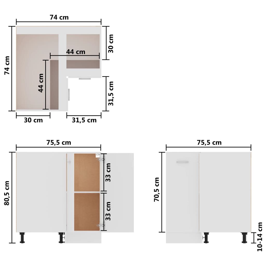 Eckunterschrank Hochglanz-Weiß 75,5x75,5x80,5 cm Holzwerkstoff